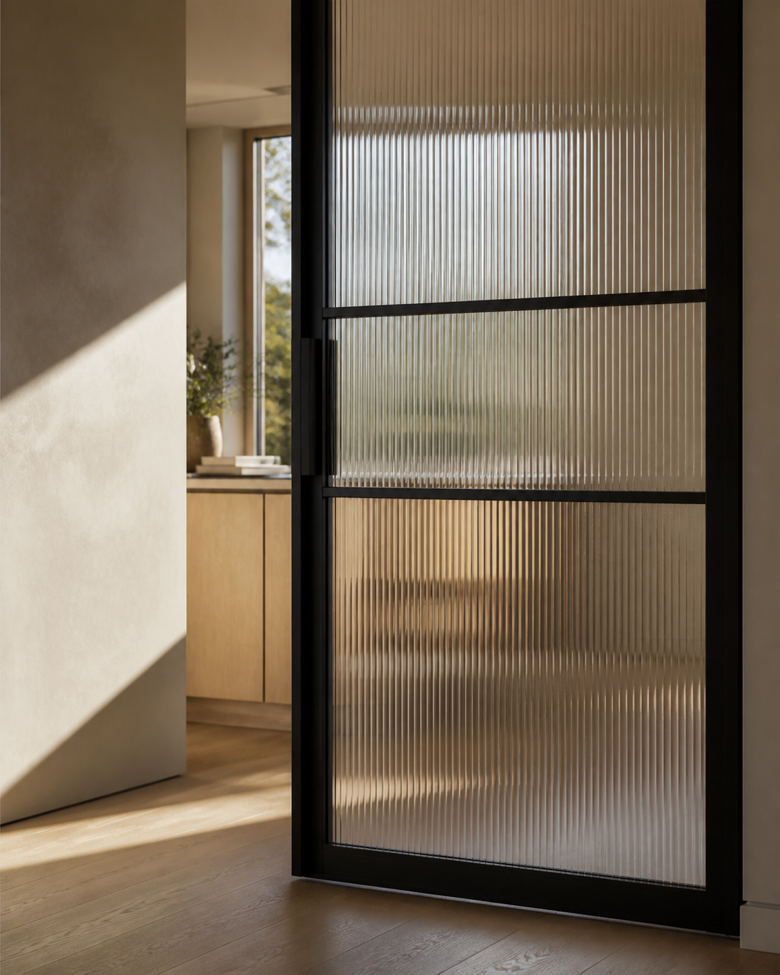 Ochtendlicht door een stalen deur met geribbeld figuurglas
